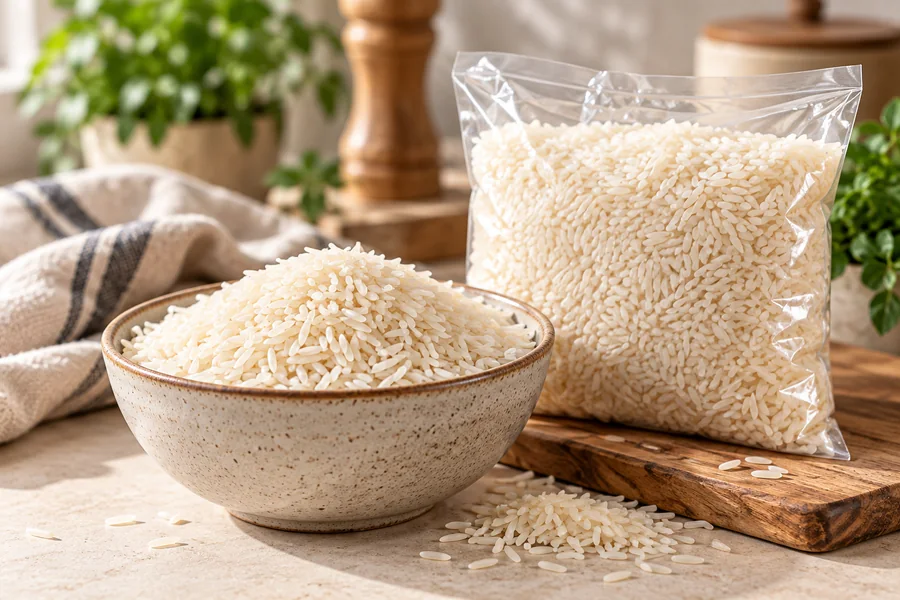 Illustrative bowl and bag of plain long-grain rice