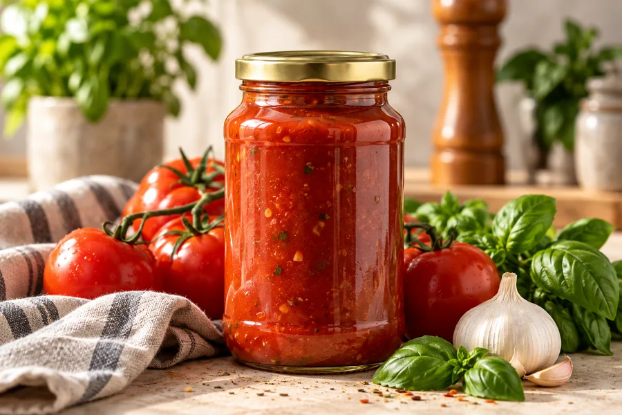 Illustrative unbranded tomato sauce with tomatoes, basil and garlic