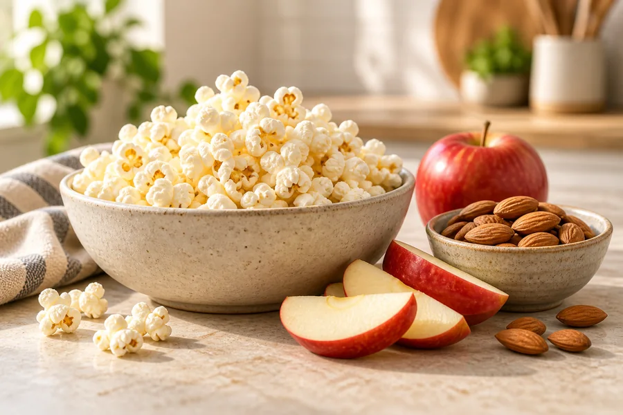 Illustrative apple slices, nuts and plain popcorn in bowls