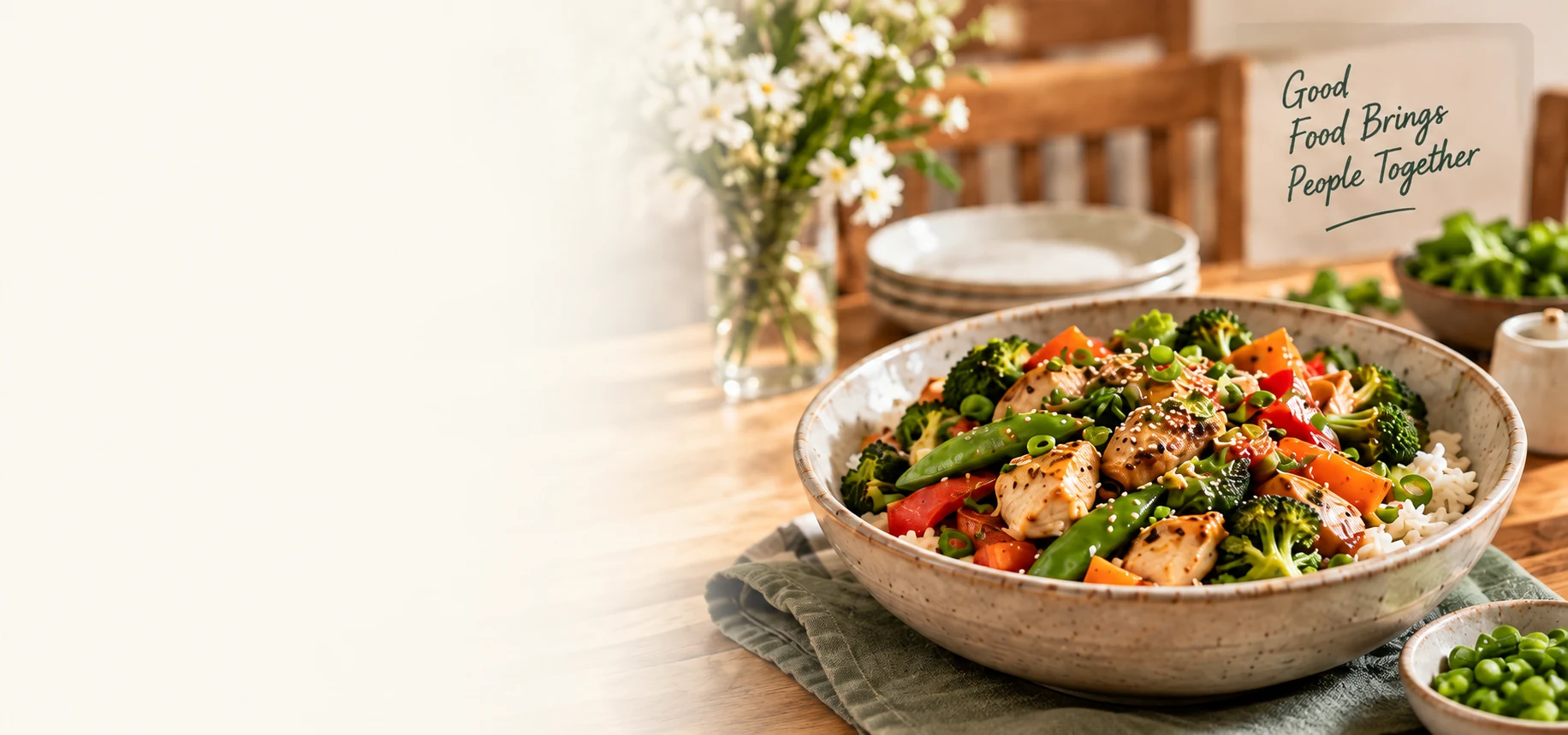 Chicken and vegetable dinner served with rice at a family table