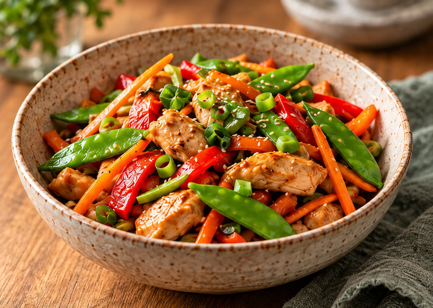 Illustration of chicken stir-fry with bell peppers, green pea pods, carrots and green onion in a ceramic bowl.