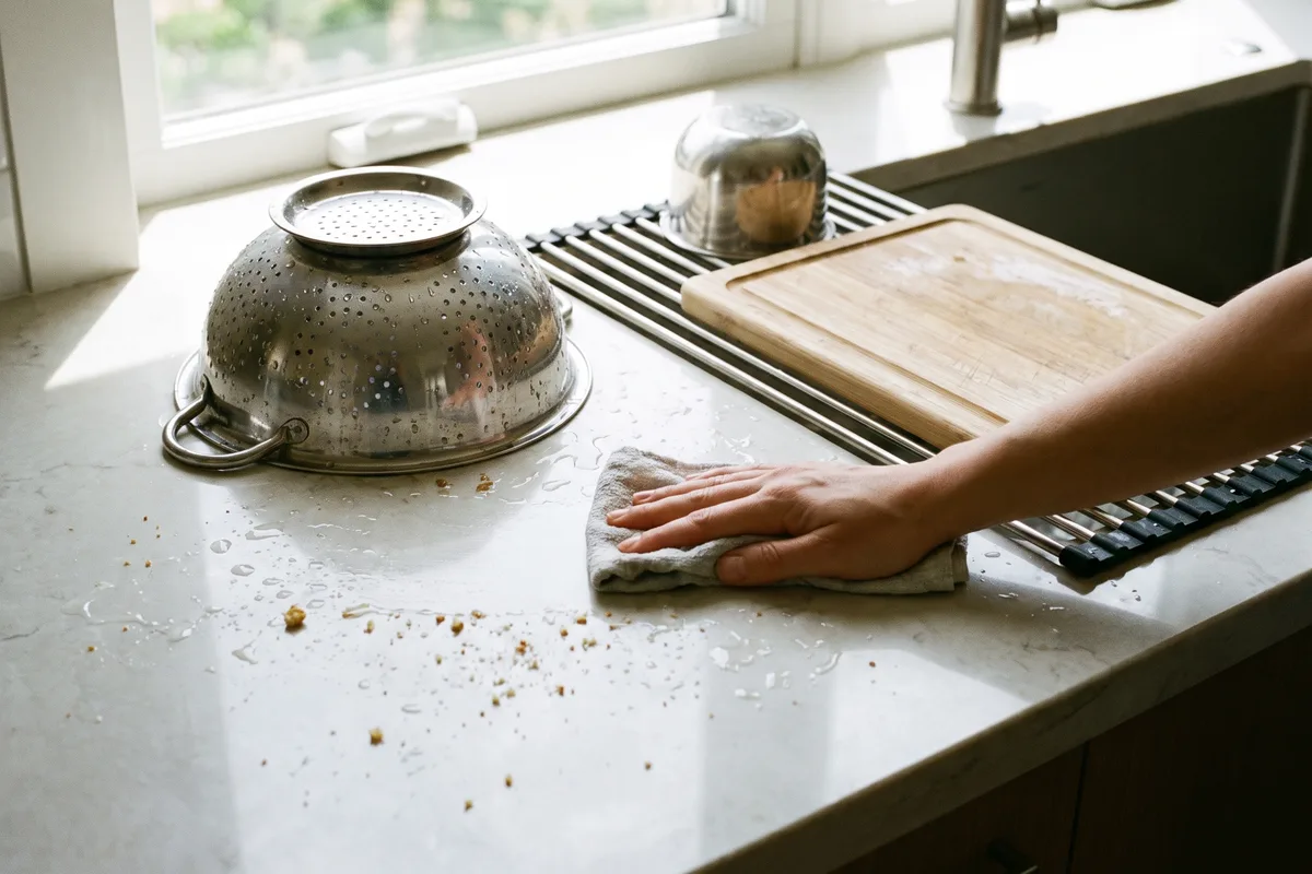 Wiping down counters and washing a colander during a gluten-free kitchen reset