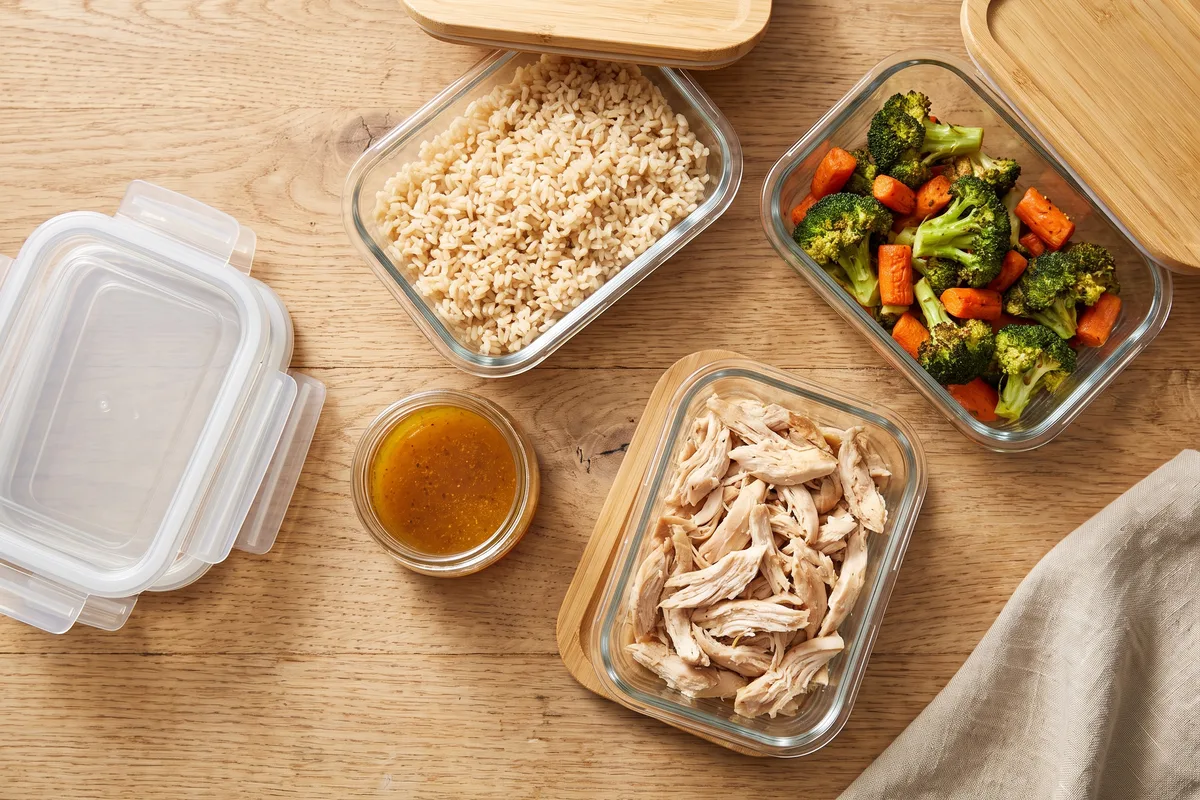 Batch-cooked gluten-free components including rice, roasted vegetables, chicken and sauce
