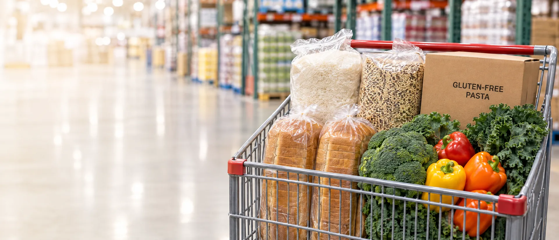 Illustration of a warehouse shopping cart with bulk bags of rice and quinoa, gluten-free pasta, bread and vegetables