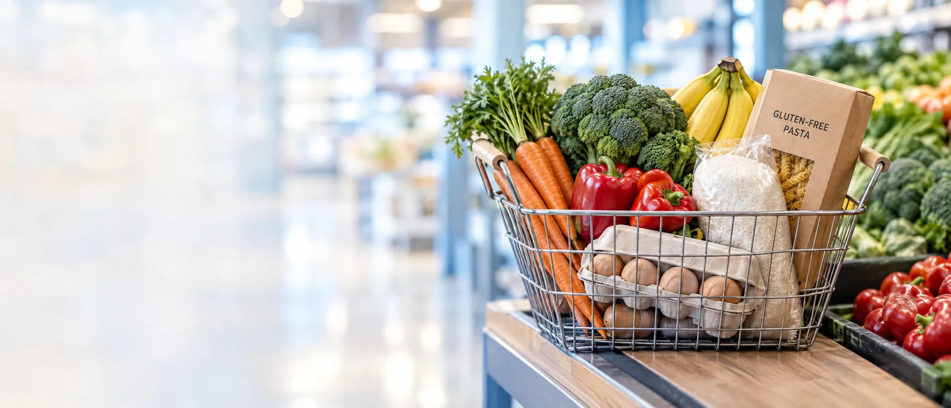 Illustration of a wire grocery basket with vegetables, rice and gluten-free pasta in a supermarket produce aisle