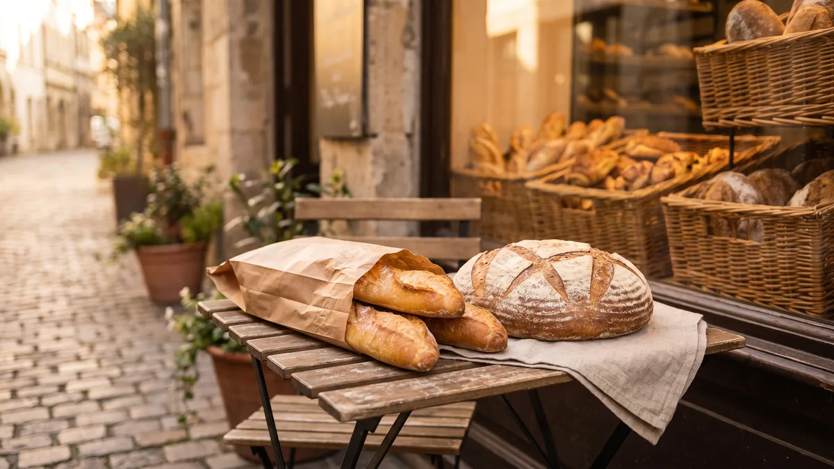 Baguettes and a country loaf outside a European bakery, the bread some Americans say they can eat in Europe