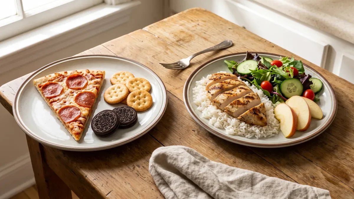 Why do I feel better gluten free? A plate of pizza, crackers and cookies beside chicken, rice, salad and apple
