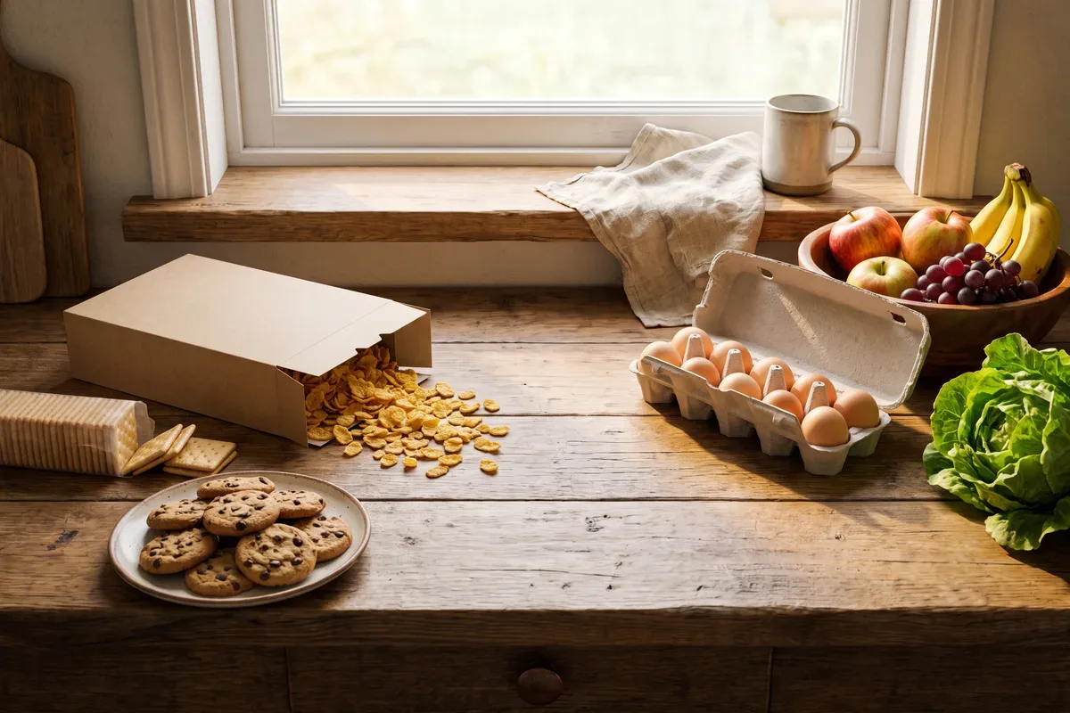 Cereal, crackers and cookies beside eggs, fruit and lettuce, the swap many people make when going gluten-free
