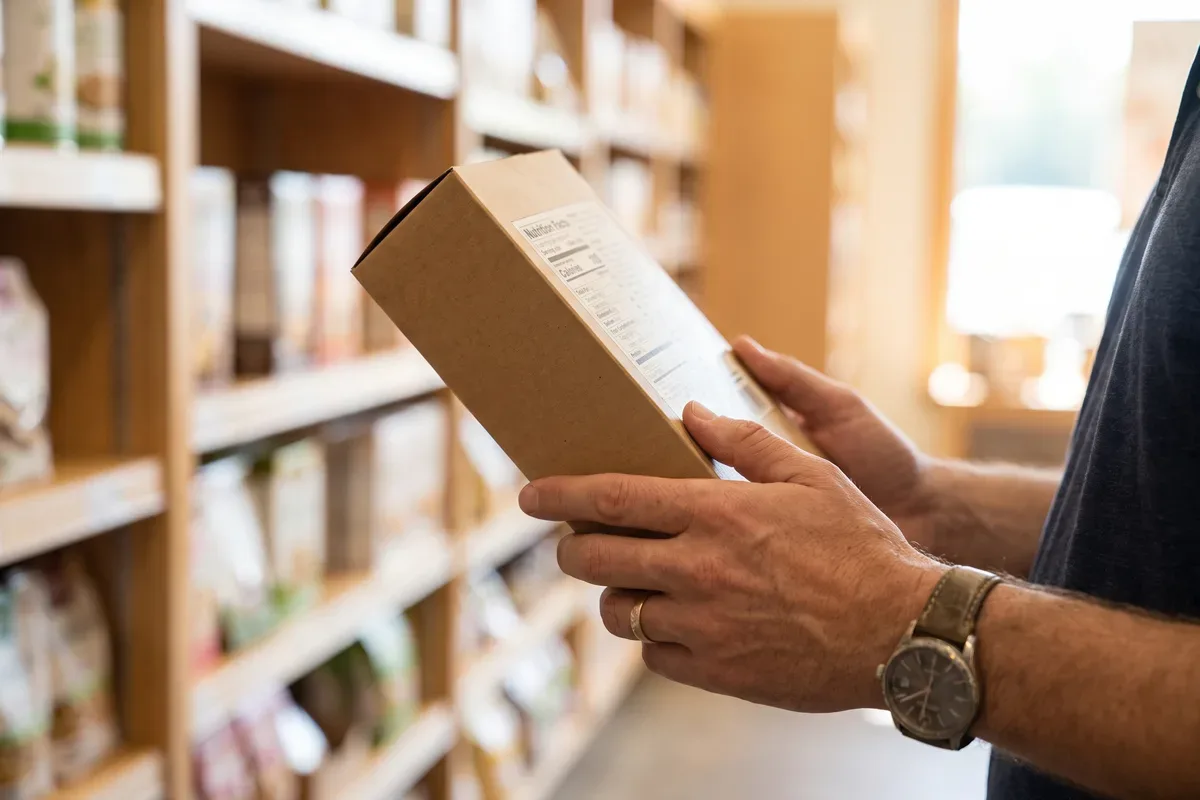 Hands turning over a boxed food in a grocery aisle to read the nutrition label and ingredient list on the back